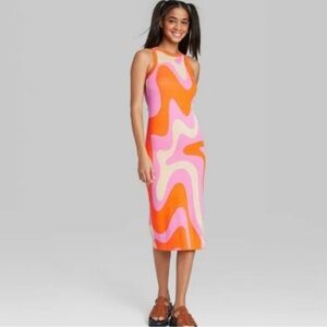 Wild Fable Swirl Pattern Pink and Orange Midi Dress